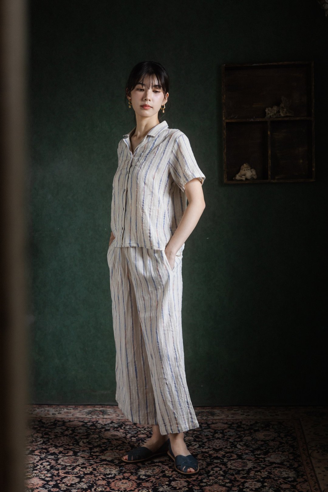 手织布短袖衬衫/宽裤套装_蓝纹 - 女装衬衫 - 棉 蓝色
