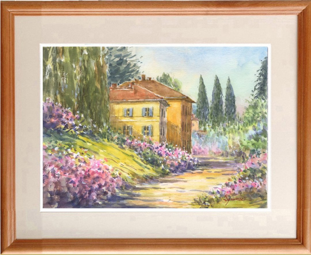 Made to order Watercolor original painting Lakeside villa - 海报/装饰画/版画 - 纸 粉红色