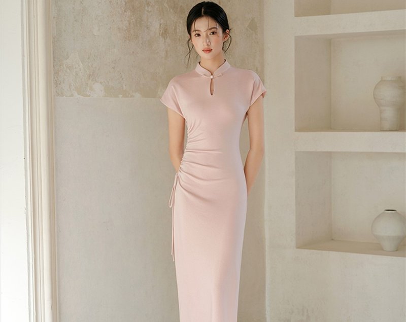 【黛丽粉】新中式复古中国风 水滴立领/针织旗袍 - 洋装/连衣裙 - 丝．绢 粉红色