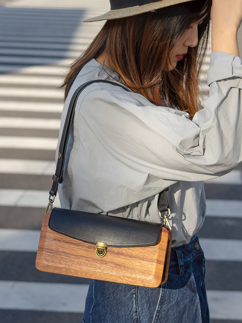 梵集木包研究所中古包vintage高级质感手作法式腋下包小众ins轻奢 - 侧背包/斜挎包 - 木头 咖啡色