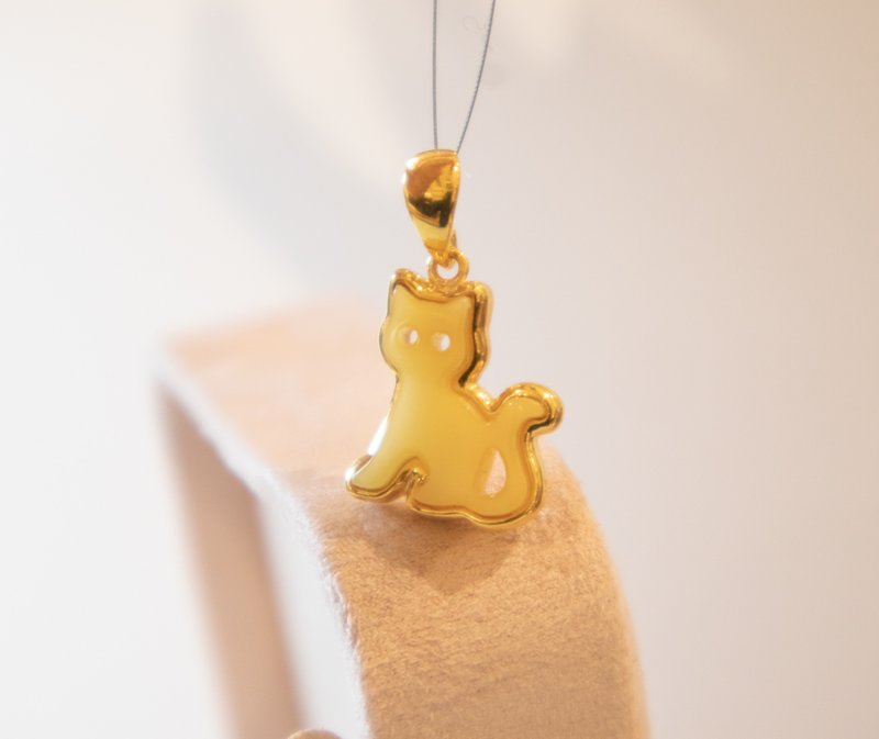 925 silver AMBER 猫咪 吊坠项链 - 项链 - 宝石 金色