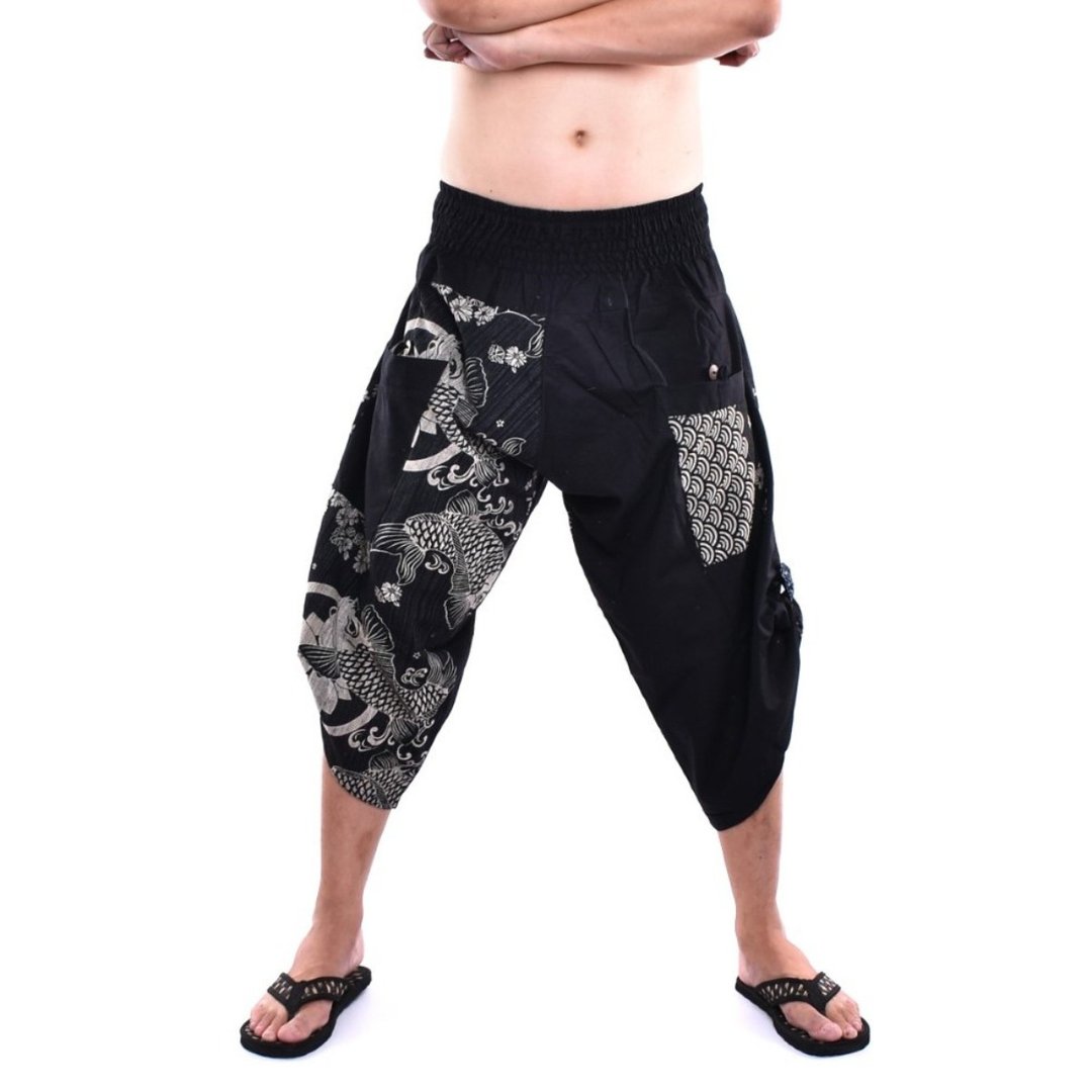 宽管裤 武士风 棉质 手工制作 弹性腰围 - 女装长裤 - 棉 黑色