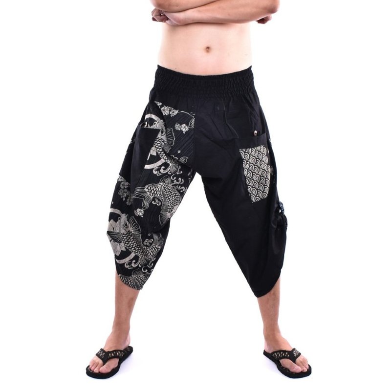 宽管裤 武士风 棉质 手工制作 弹性腰围 - 女装长裤 - 棉．麻 黑色