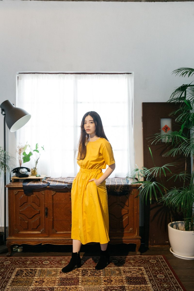 黄色休闲感洋装 - 洋装/连衣裙 - 棉．麻 黄色