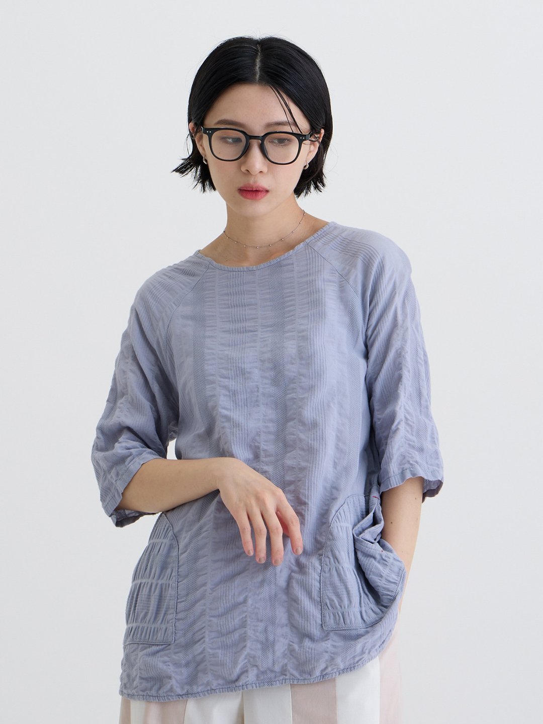 皱皱云七分袖上衣-雷阵雨(蓝) - 女装 T 恤 - 棉．麻 蓝色
