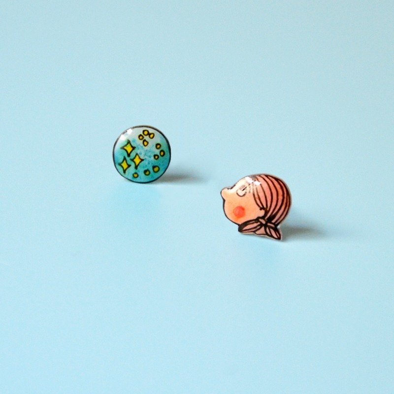 仰望星空的女孩 清新浪漫手作耳钉 纯银耳针/可改吸铁石耳夹 - 耳环/耳夹 - 塑料 蓝色