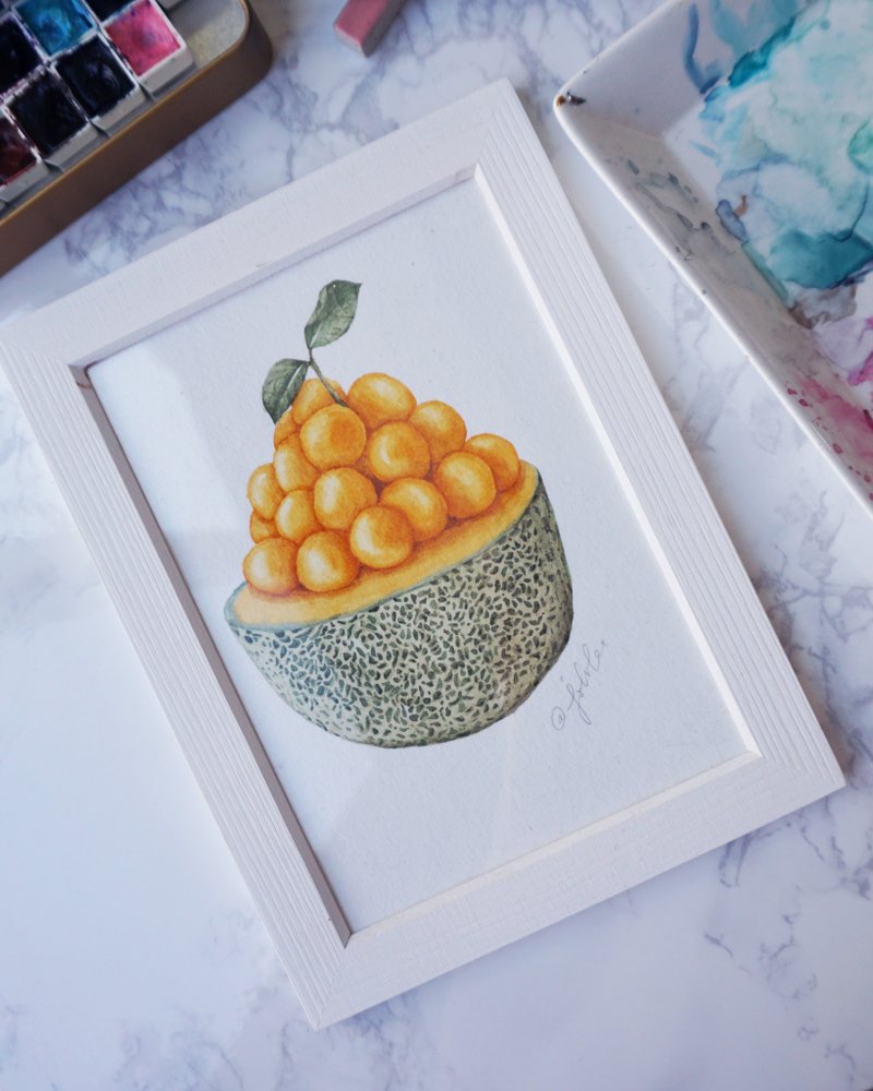 原创水彩作:哈密瓜日式刨冰。仅限一件 - 海报/装饰画/版画 - 纸 橘色