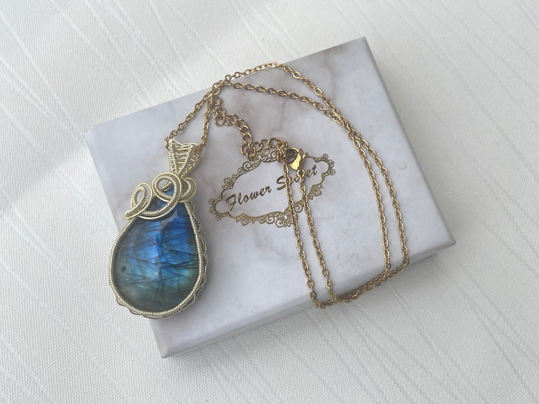 #230326 wire wrapping 拉长石 铜线 绕线 吊堕 - 项链 - 铜/黄铜 蓝色