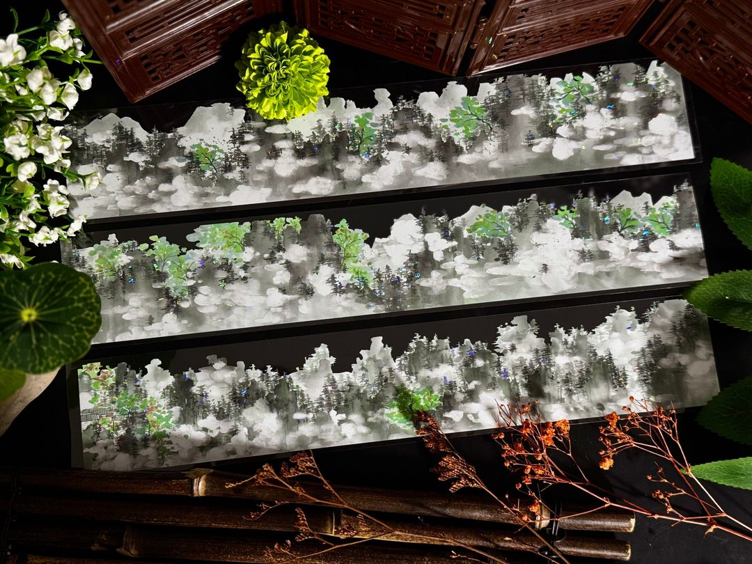 云雨巫山青 PET 纸胶带 白墨贝壳光 10米卷 - 纸胶带 - 塑料 多色