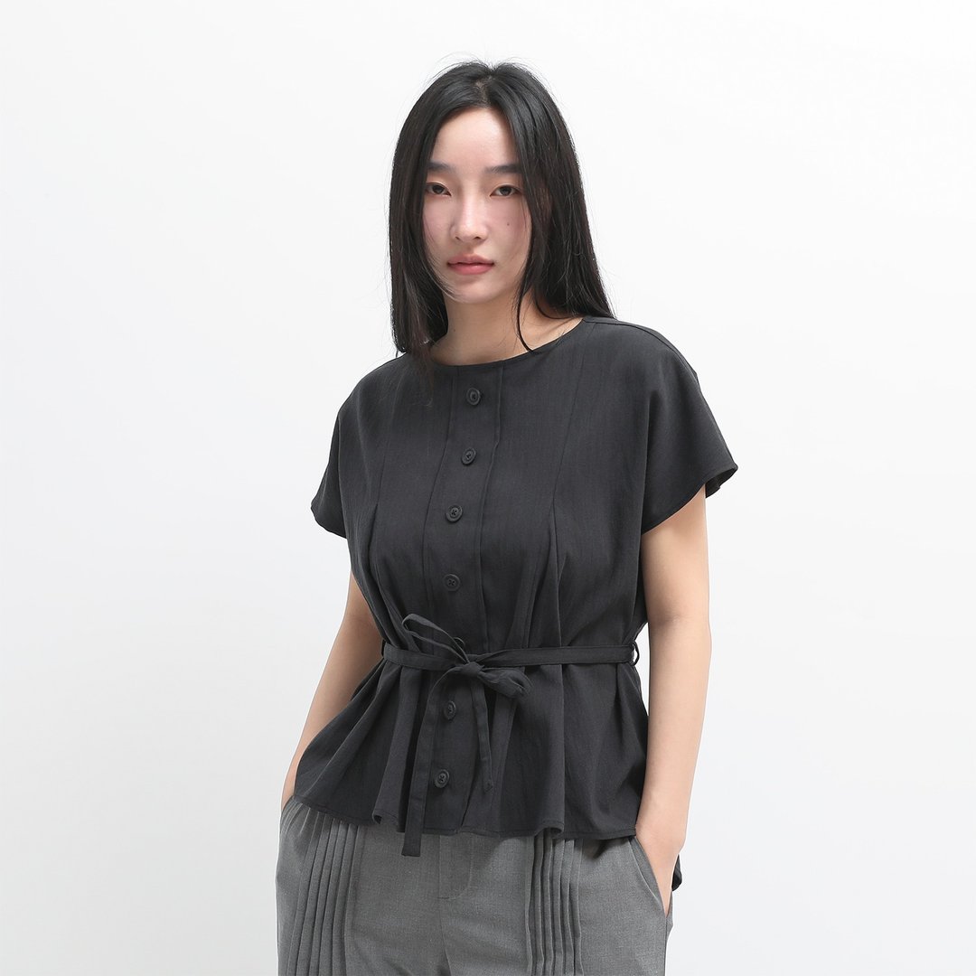 Geqian_搁浅波浪绑带上衣_24SF001_黑 - 女装上衣 - 聚酯纤维 黑色