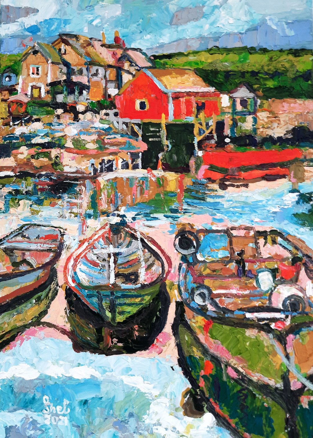 Boats Painting Beach Original Art Impasto Oil Painting Fishing Boats - 海报/装饰画/版画 - 棉 绿色