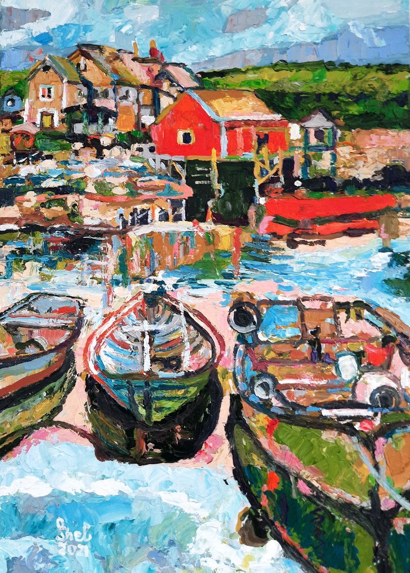 Boats Painting Beach Original Art Impasto Oil Painting Fishing Boats - 海报/装饰画/版画 - 棉．麻 绿色