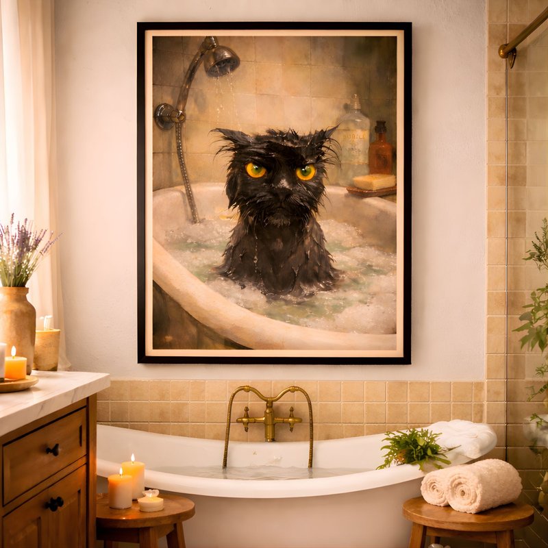 搞笑黑猫浴室挂画 猫咪海报 生气猫装饰画 猫奴礼物 - 墙贴/壁贴 - 棉．麻 