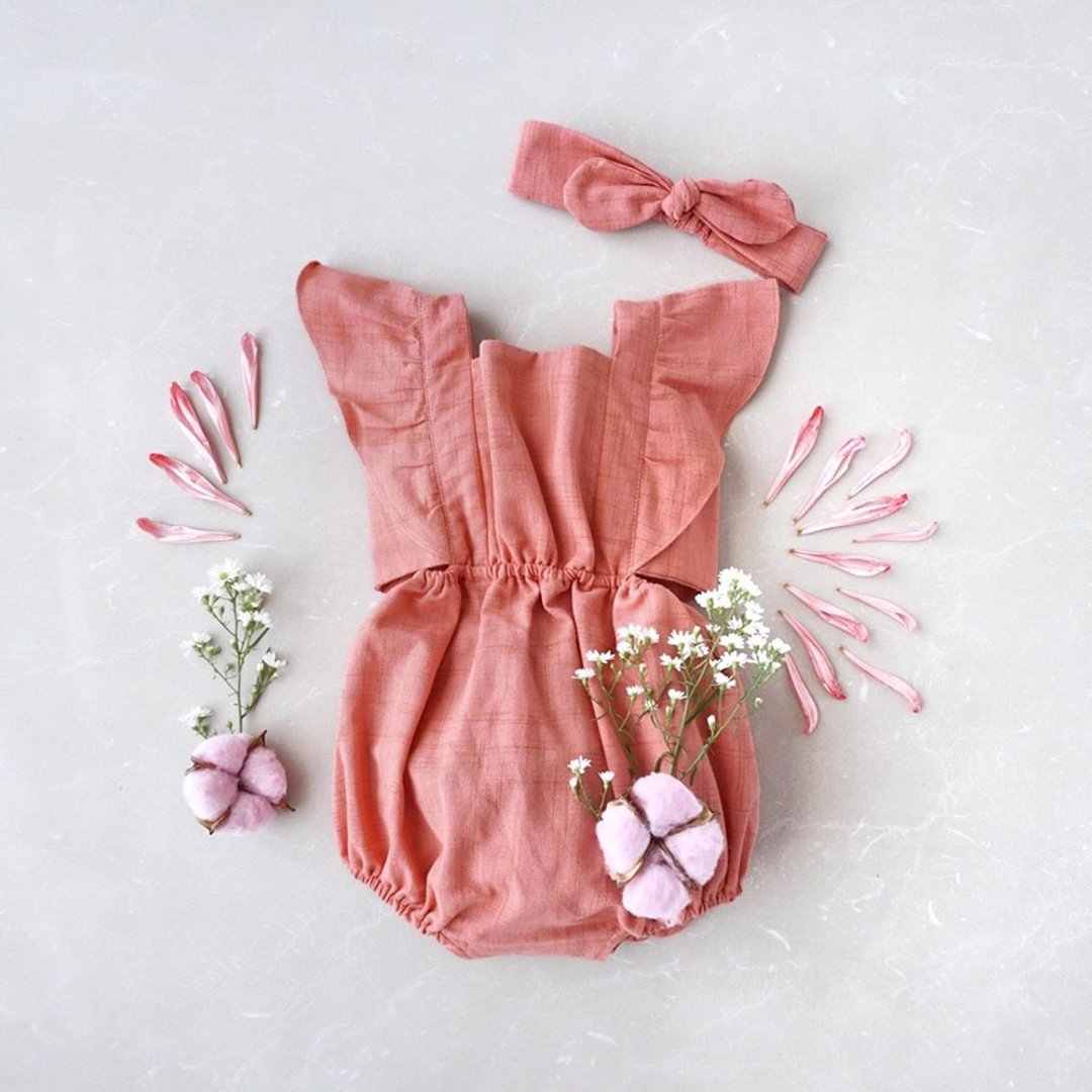 Hand Woven Natural Dyed Cotton Baby Girl Romper - 洋装/连衣裙 - 棉 粉红色