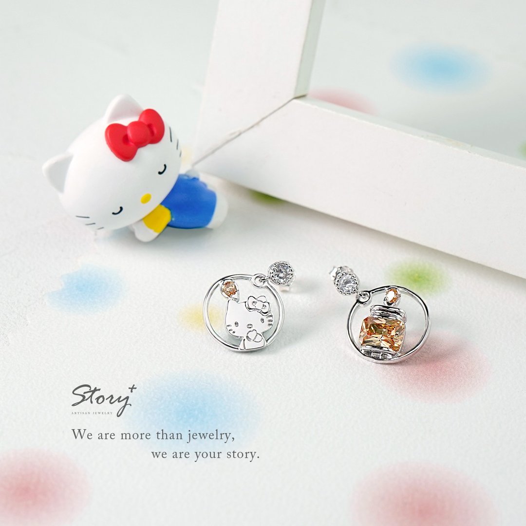 奇幻乐园系列-Hello Kitty 凯蒂猫果酱水晶纯银耳环 - 耳环/耳夹 - 纯银 银色