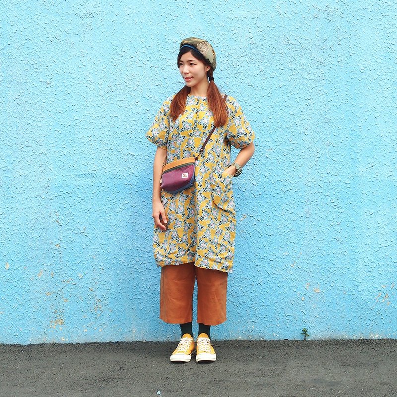 小牛村 棉麻 舒适宽松 洋装 长版上衣【神秘刻花】芥黄 J-44 限量 - 洋装/连衣裙 - 棉．麻 黄色