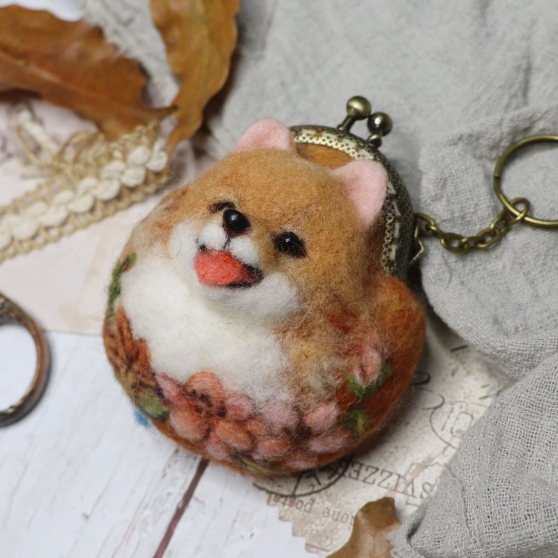 【羊毛毡】迷你口金包-疗愈系小动物-博美 - 零钱包 - 羊毛 咖啡色