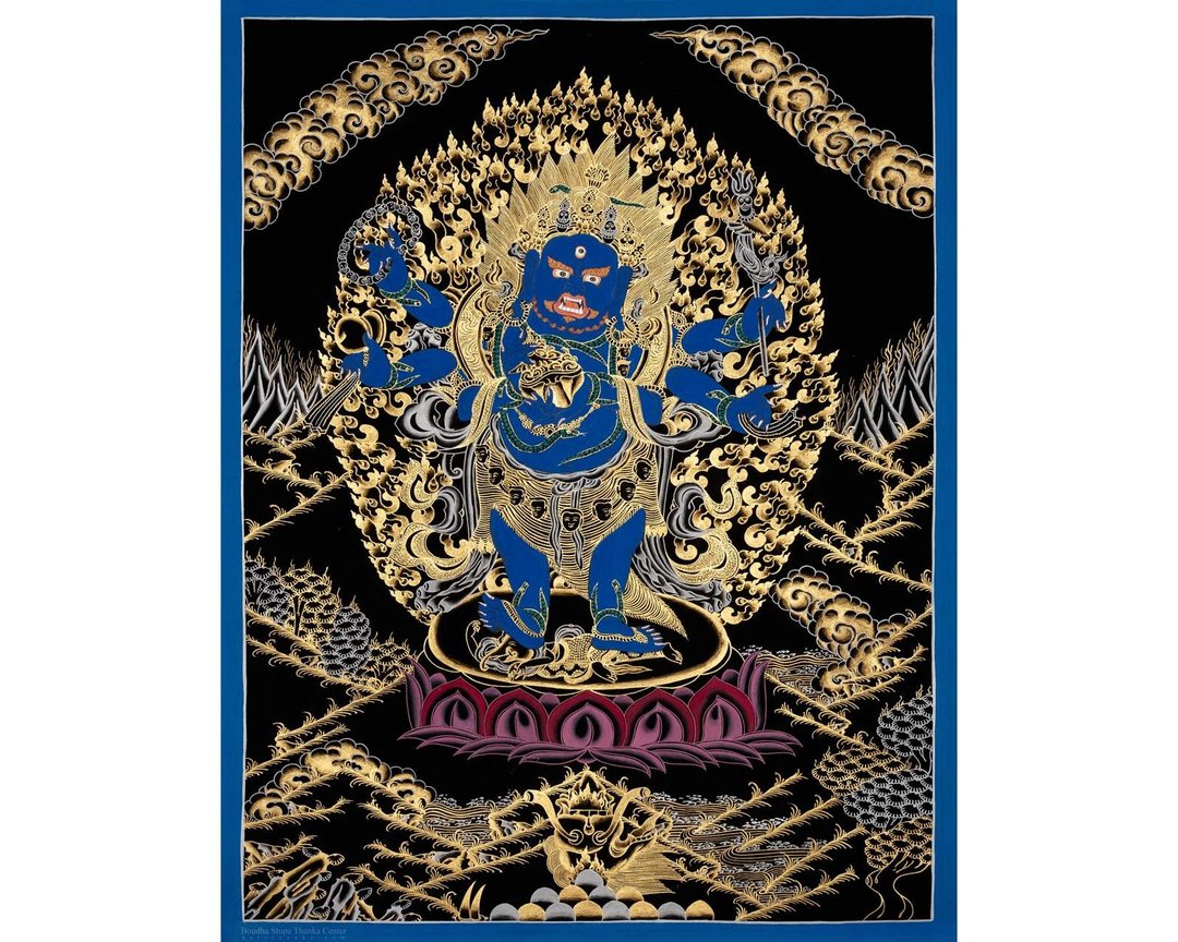 手绘六臂大黑天唐卡  守护神 冰種翡翠 三彩 手鐲 緬甸玉 翡翠 - 插画/绘画/写字 - 其他材质 多色