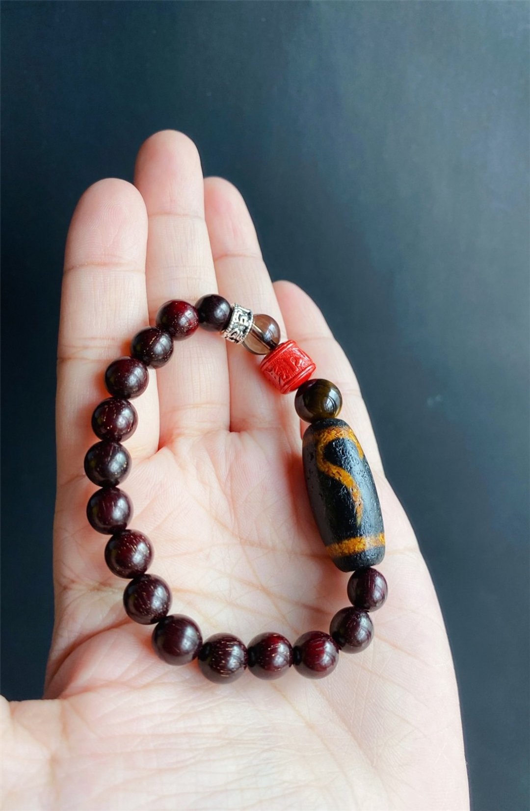 【售出】火供 金钱勾 招财 天珠 朱砂 茶晶 手链 小叶紫檀 平安 - 手链/手环 - 木头 咖啡色