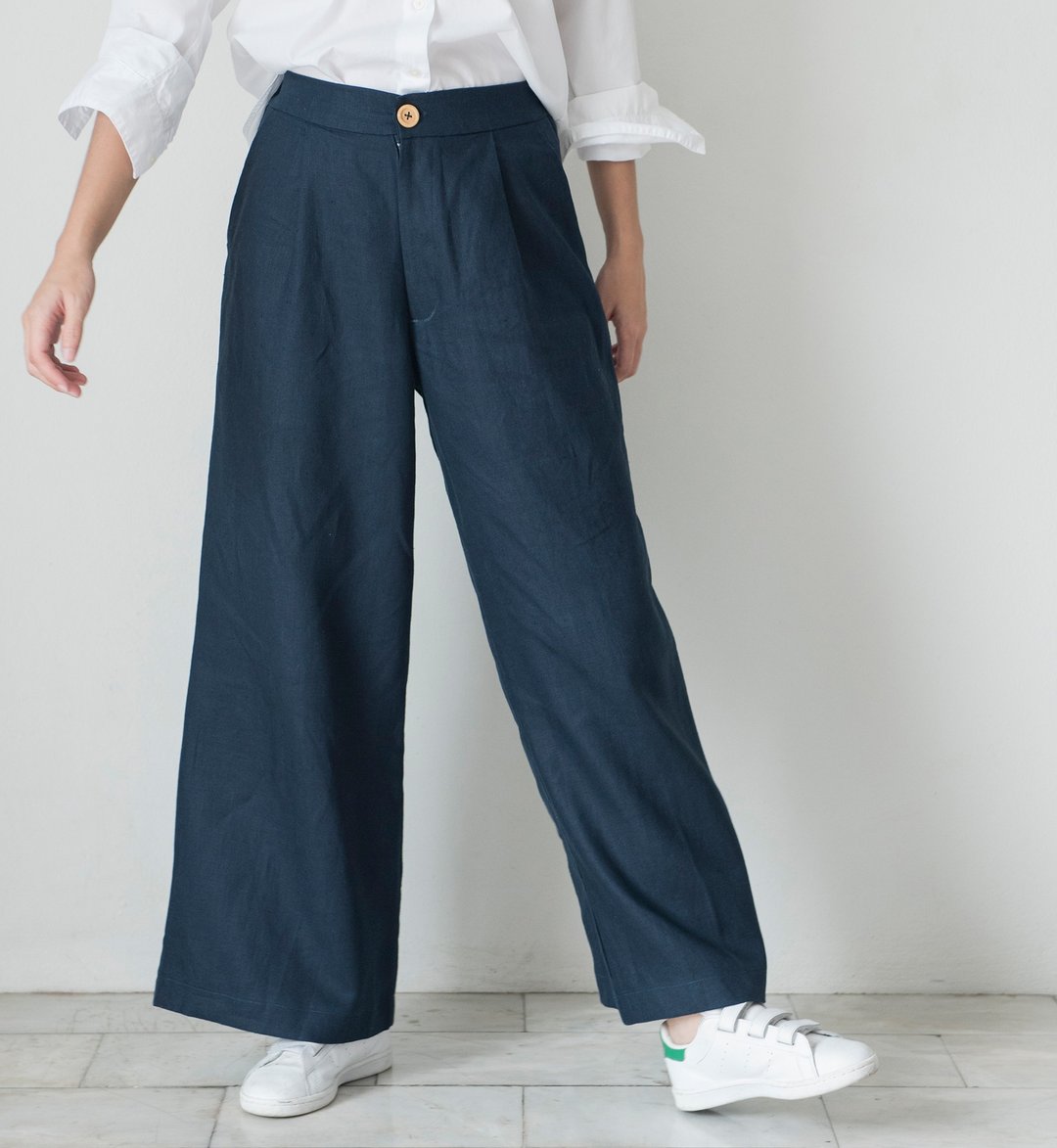 Navi Blue Linen Trousers - 女装长裤 - 亚麻 蓝色