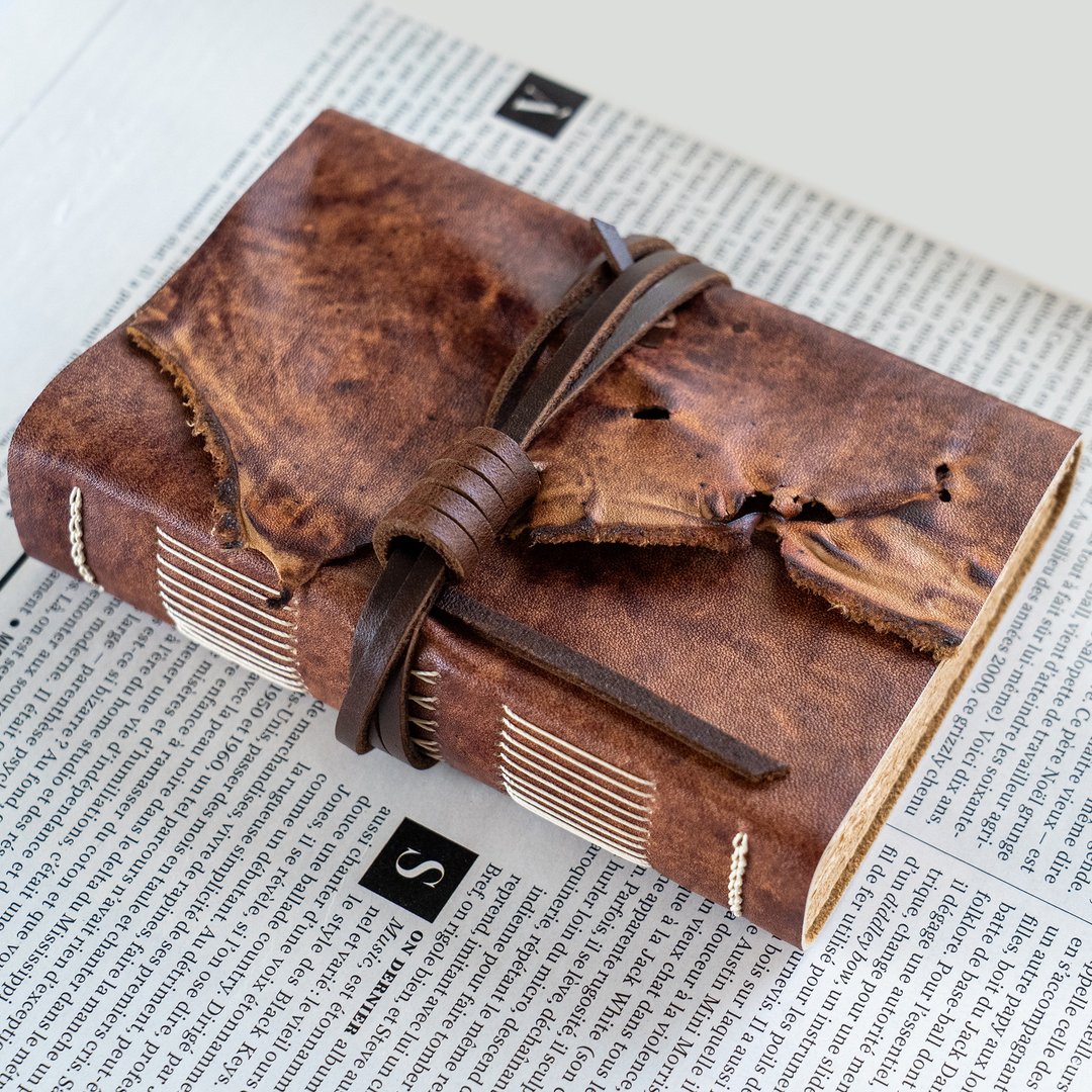 笔记本/手帐 真皮 Leather Journal, Vintage Bookbinding (Natural Edge / Rustic Brown) - 笔记本/手帐 - 真皮 
