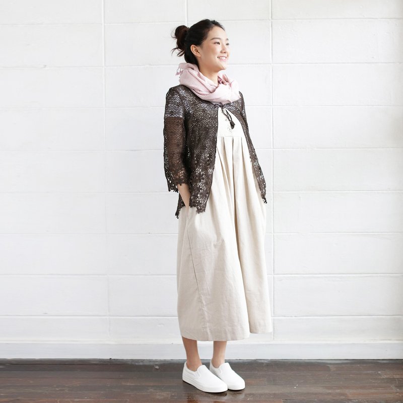 Brown Lace Cardigans Long Sleeve Cotton Wild Water Plum - 女装上衣 - 棉．麻 咖啡色