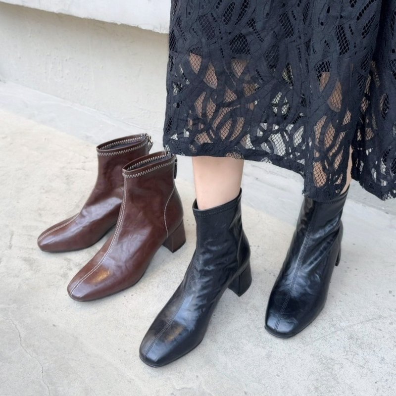 【I called Love】复古水洗后拉链粗跟短靴 - 女款短靴 - 人造皮革 黑色