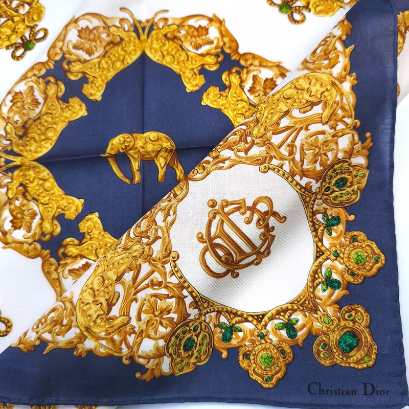 复古 Christian Dior 手帕 巴洛克风格豹纹与象纹 21 x 20.5 英寸 - 手帕/方巾 - 棉．麻 蓝色