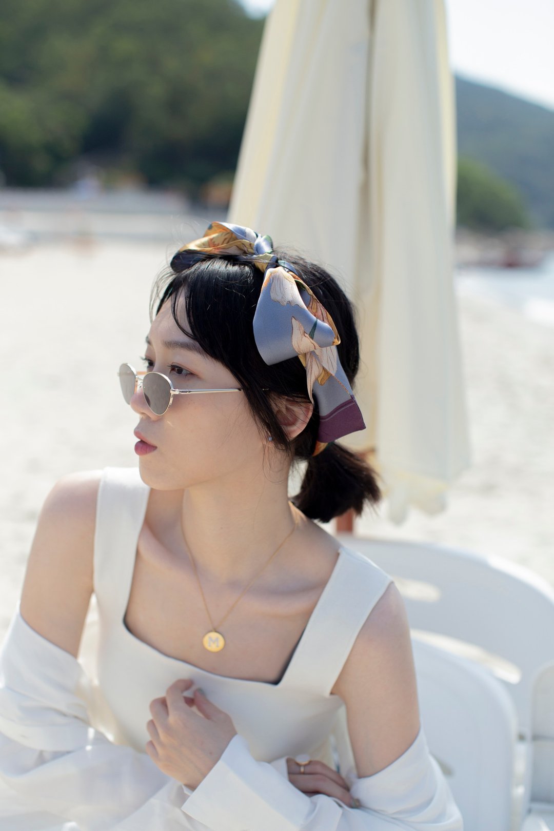 彩虹女神鸢尾印花 真丝缎面窄丝巾/香芋紫 - 丝巾 - 丝．绢 紫色