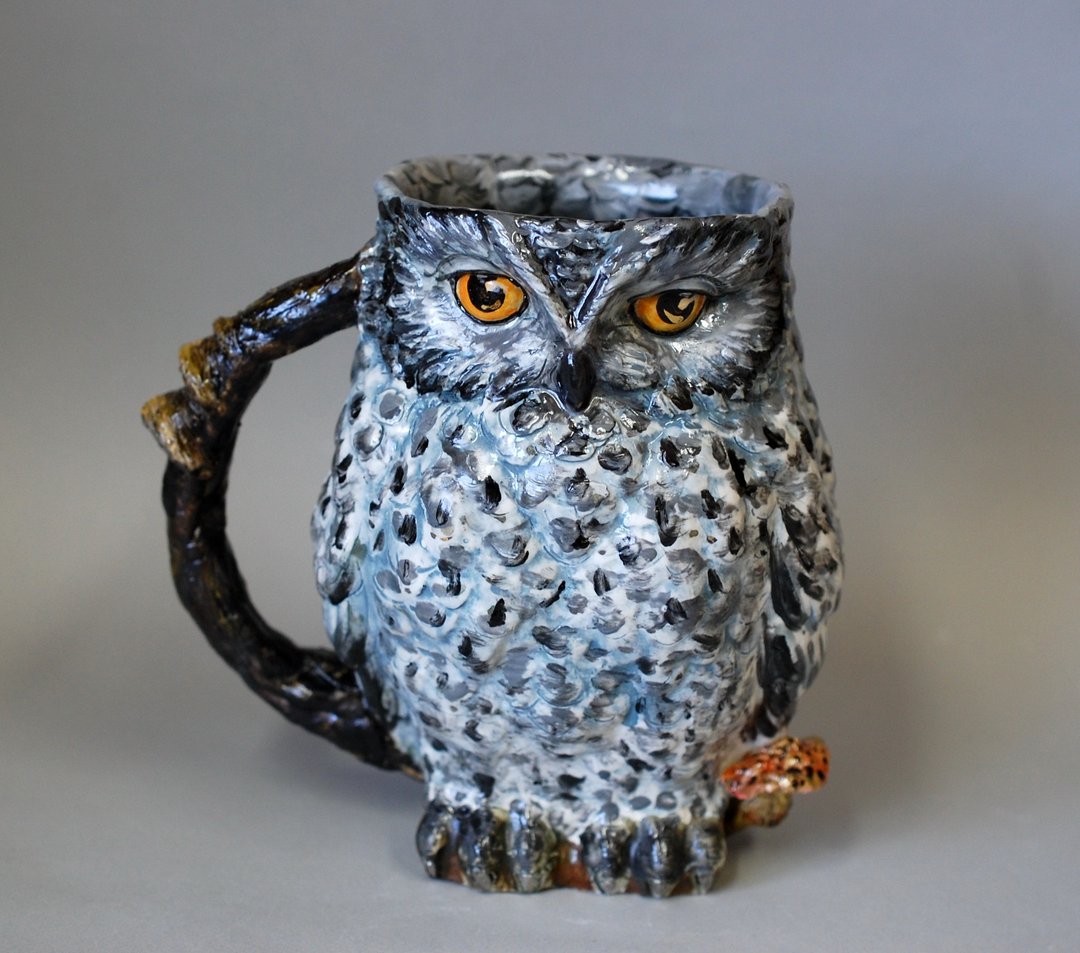 Owl Art mug Porcelain figurine Fairy bird Toby jug Ceramic statuette Forest Vase - 咖啡杯/马克杯 - 陶 灰色