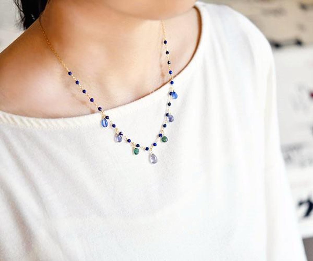 Good luck Successful luck UP 4 types Blue Stone large set necklace December birthstone Lapis lazuli Kyanite Iolite Green Apa - 项链 - 宝石 蓝色