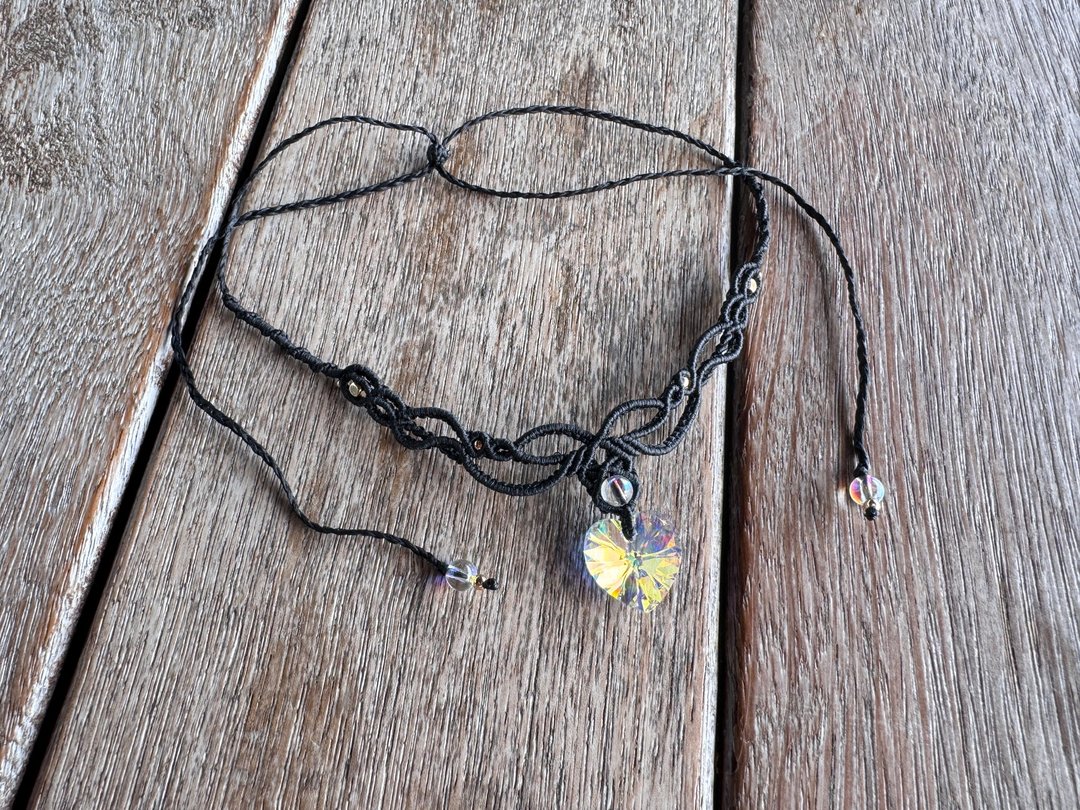 #230311 Macrame Swarovski 编织 颈链 - 项链 - 半宝石 黑色