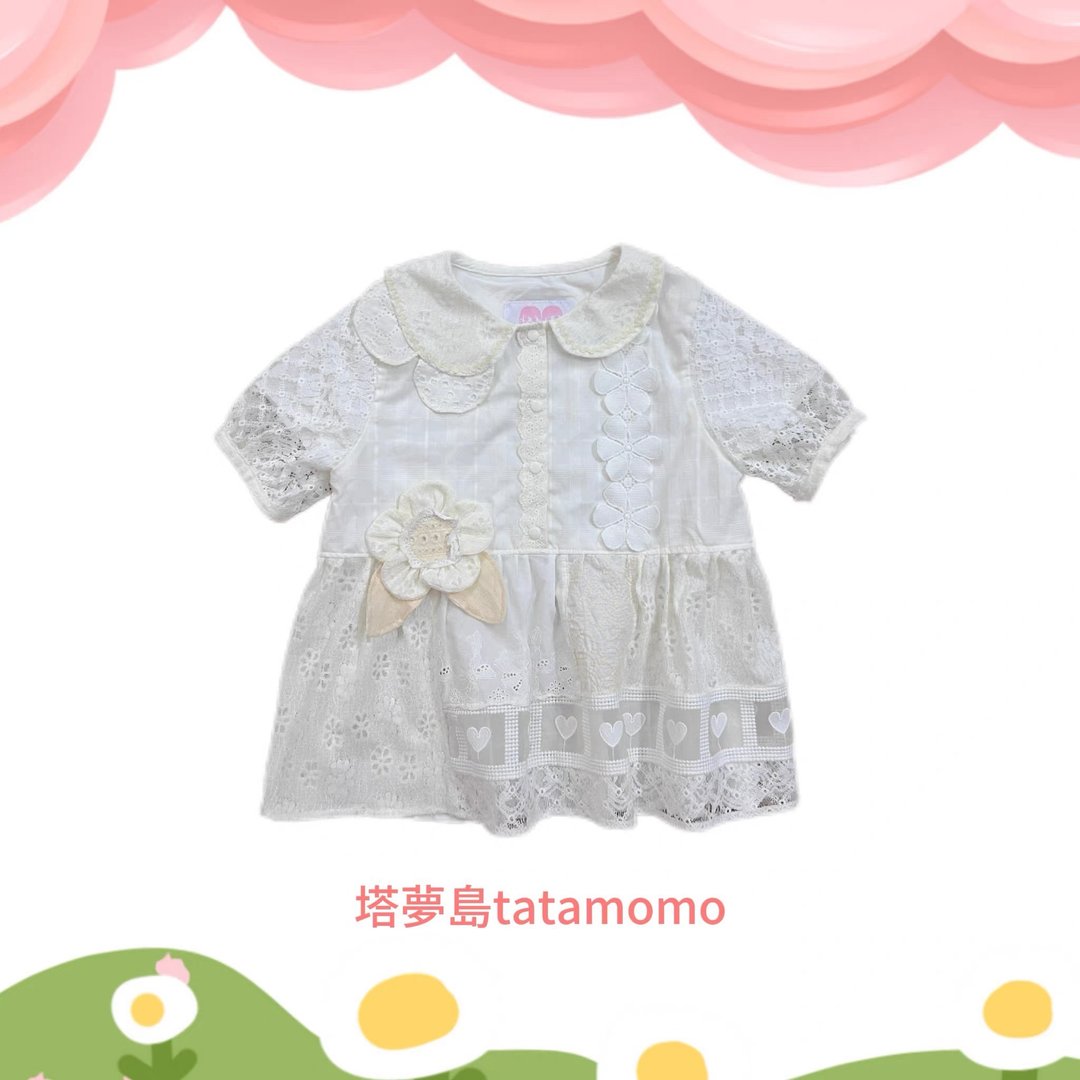彩虹糖来信娃娃领蕾丝拼接衬衫 - 女装衬衫 - 棉 白色