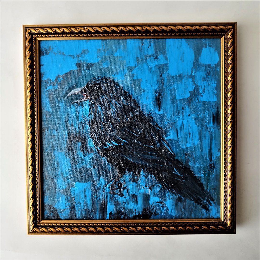 Abstract Bird Painting - Black Raven Acrylic Art in Blue - 墙贴/壁贴 - 压克力 蓝色