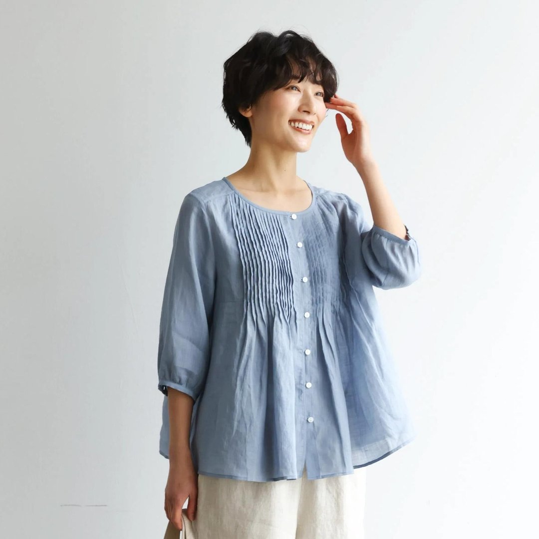 清爽夏日透气亚麻细褶A字衬衫 蓝灰色 250422-4 - 女装衬衫 - 亚麻 蓝色