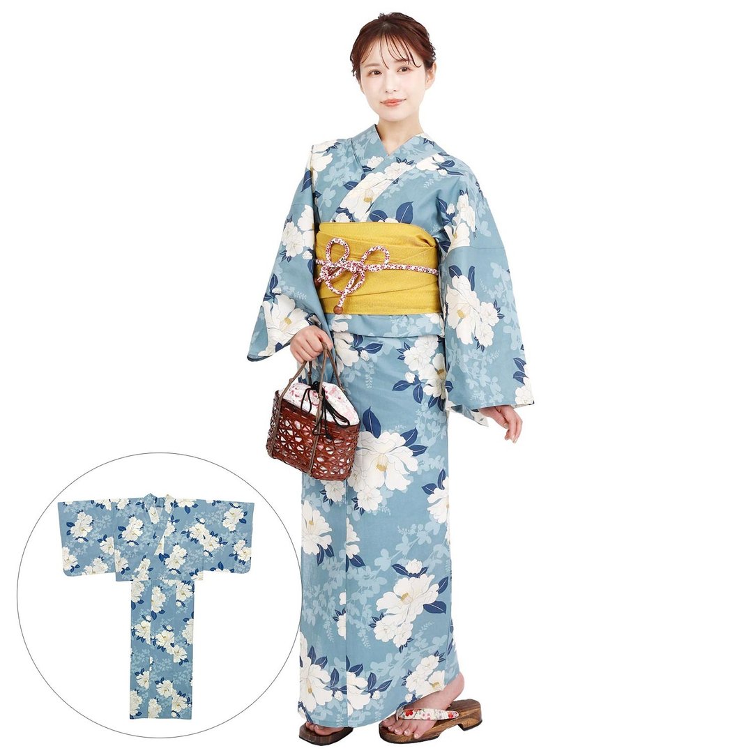 日本 和服 女性 两件式 浴衣 腰封 套组 F size x23h-17 - 其他 - 棉 蓝色