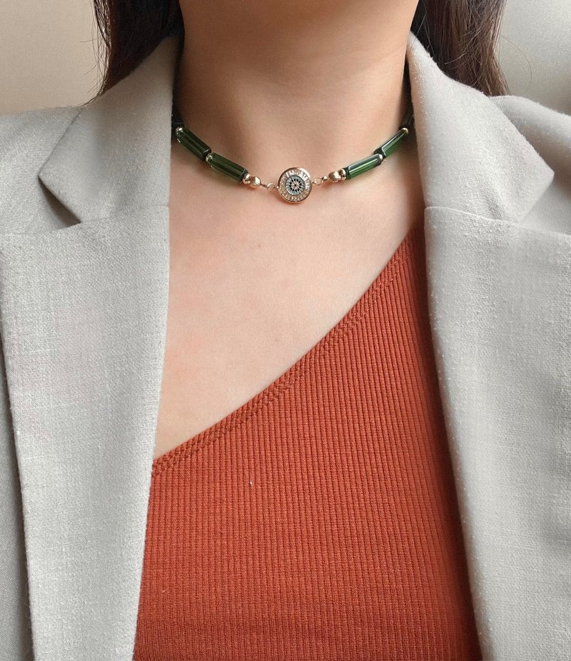 翡翠绿玻璃珠恶魔之眼吊坠串珠项链 | 生日 定制化礼物 圣诞礼盒 - 项链 - 半宝石 金色