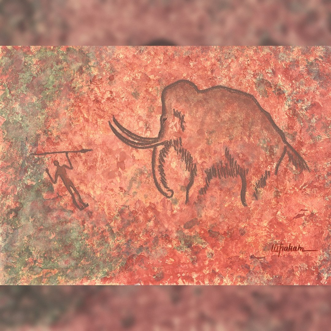猛犸象狩猎画室内史前艺术水彩画粉彩画 - 海报/装饰画/版画 - 纸 红色