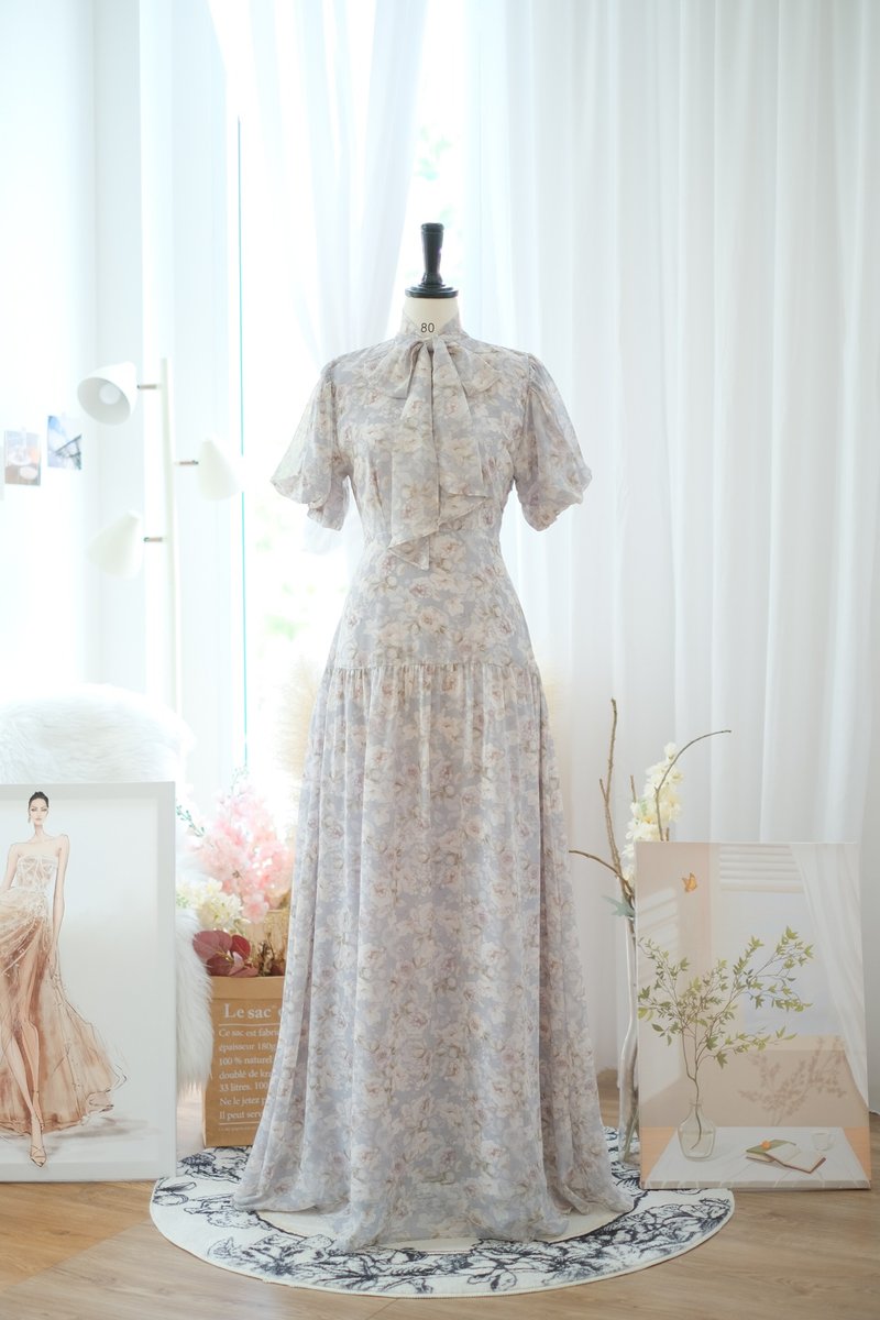 长洋装 泡泡袖 伴娘服 复古洋装 - 洋装/连衣裙 - 聚酯纤维 蓝色