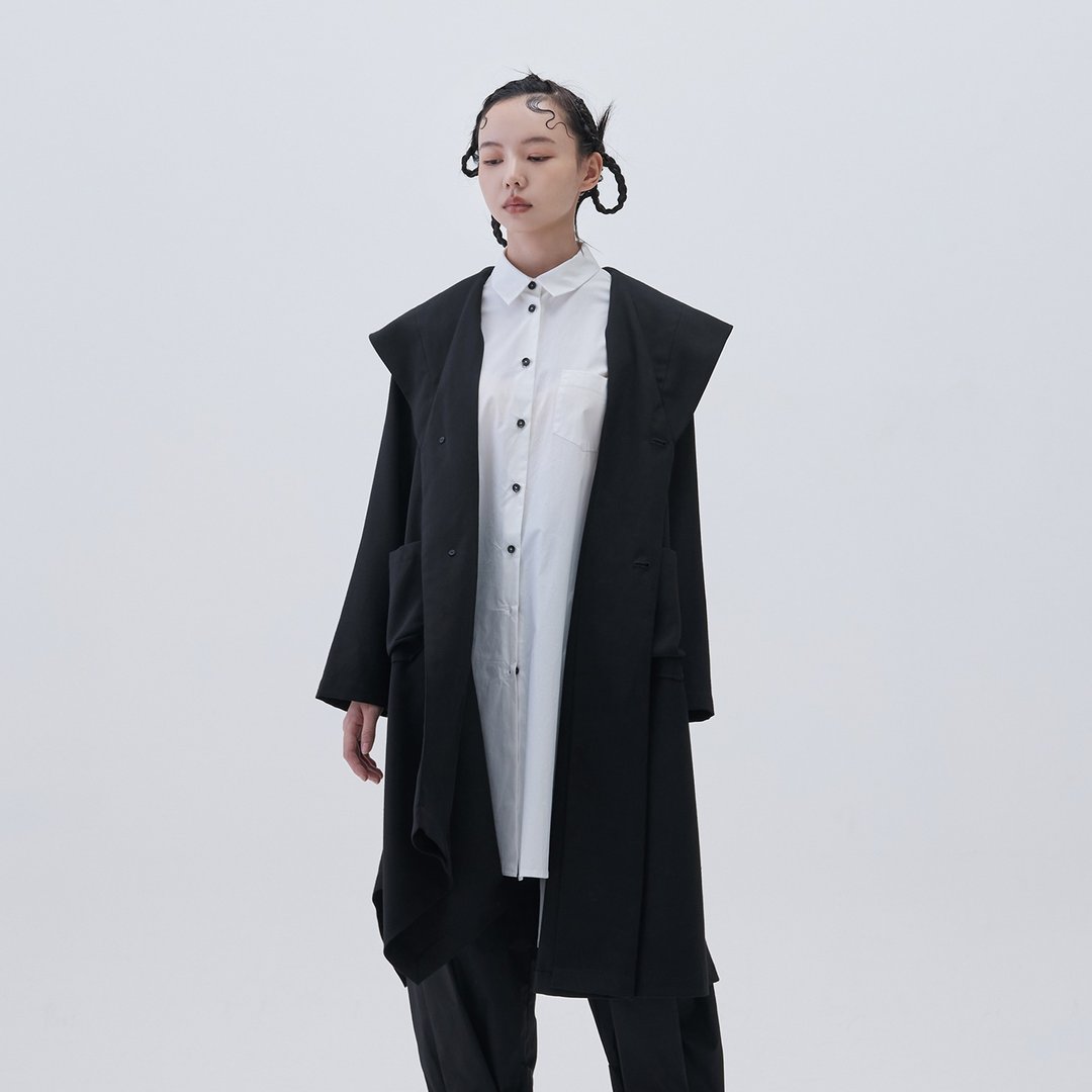 混毛料连帽长外套 - 女装休闲/机能外套 - 羊毛 黑色