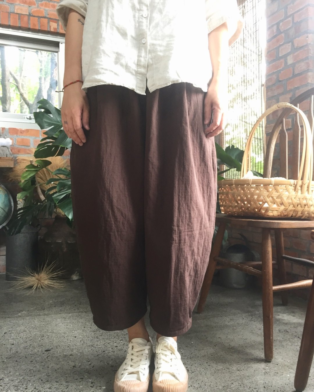 手作服 日系秋冬厚双层棉内刷毛宽松泡泡口袋灯笼裤 - 女装长裤 - 棉．麻 咖啡色
