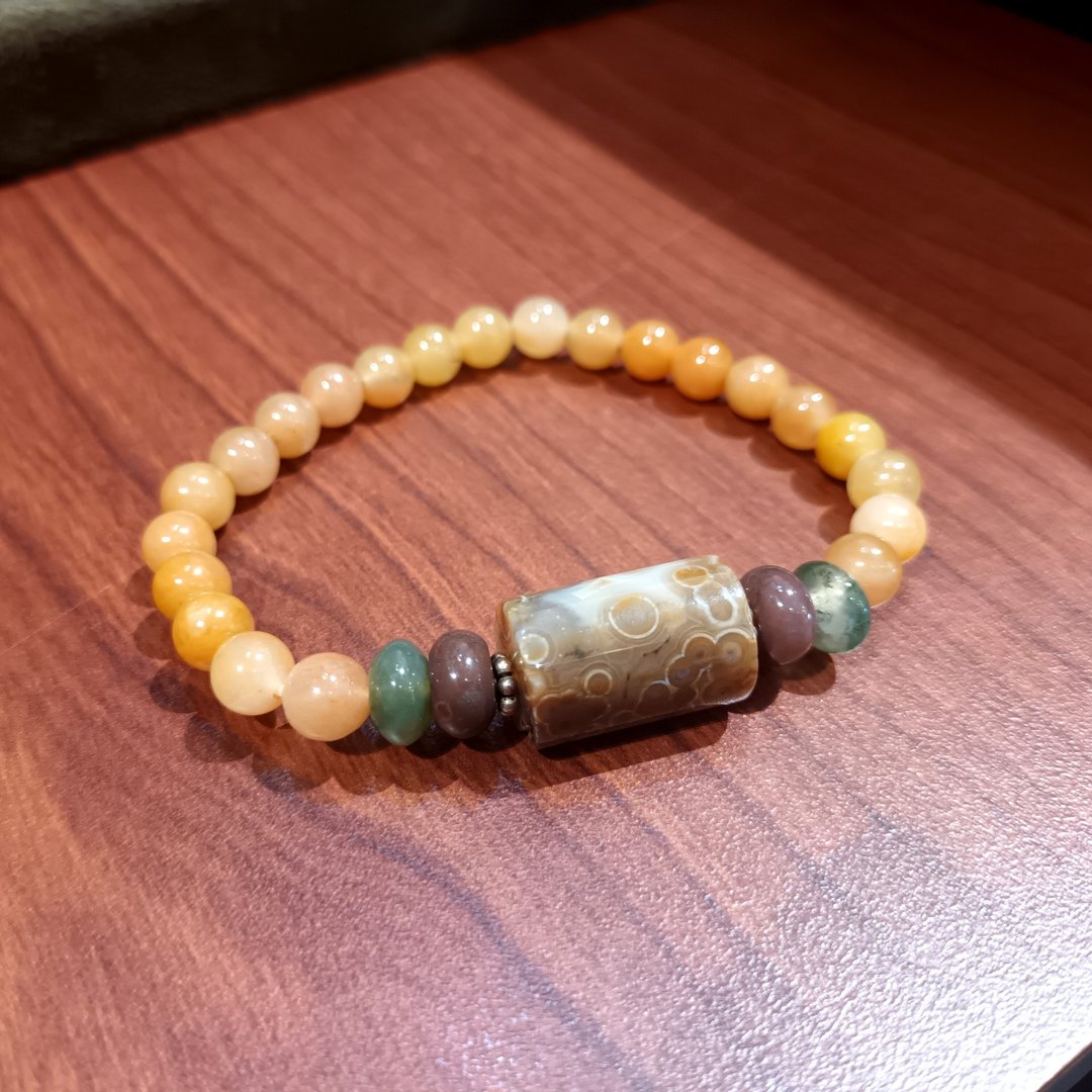 珠串设计手链 海洋碧玉+925银+印度玉+黄玉/天然特色纹路 - 手链/手环 - 玉石 卡其色