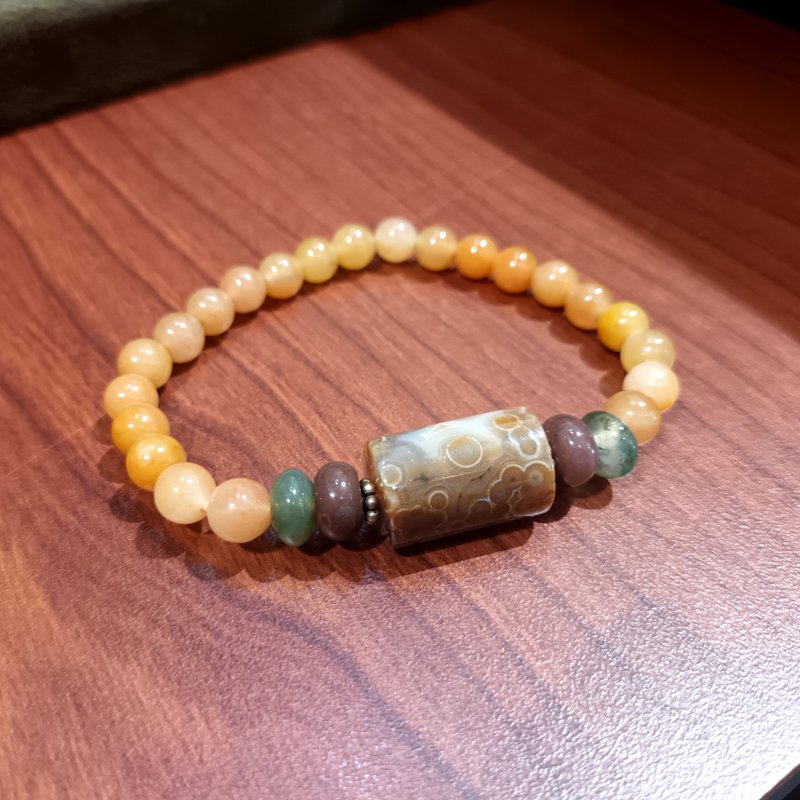 珠串设计手链 海洋碧玉+925银+印度玉+黄玉/天然特色纹路 - 手链/手环 - 玉石 卡其色