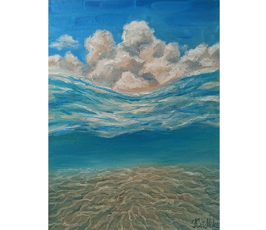 Seascape Painting Underwater Canvas Oil Painting Cloud Original Art Wave Artwork - 海报/装饰画/版画 - 其他材质 蓝色