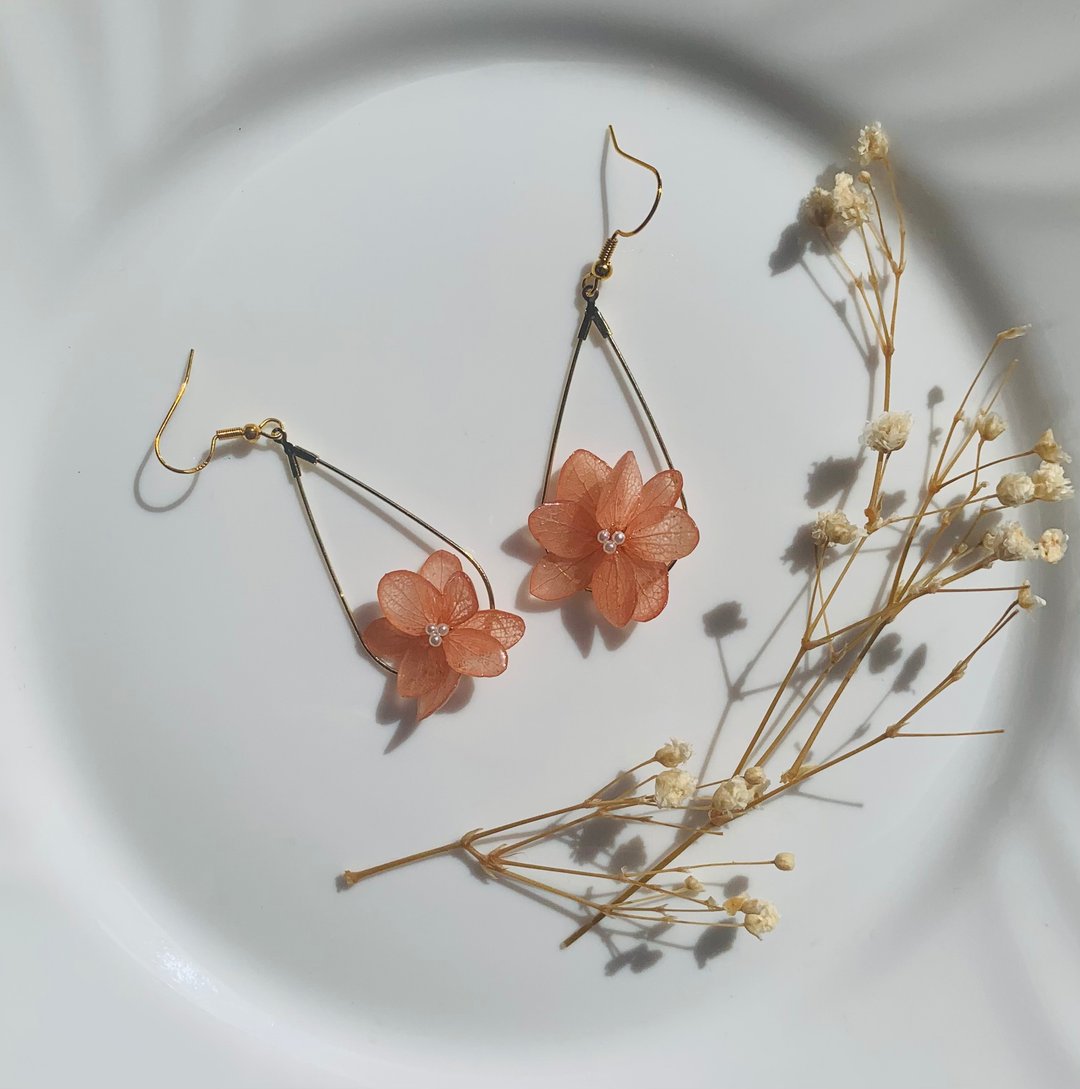 树脂干花耳环|永生花耳环 - 耳环/耳夹 - 植物．花 橘色