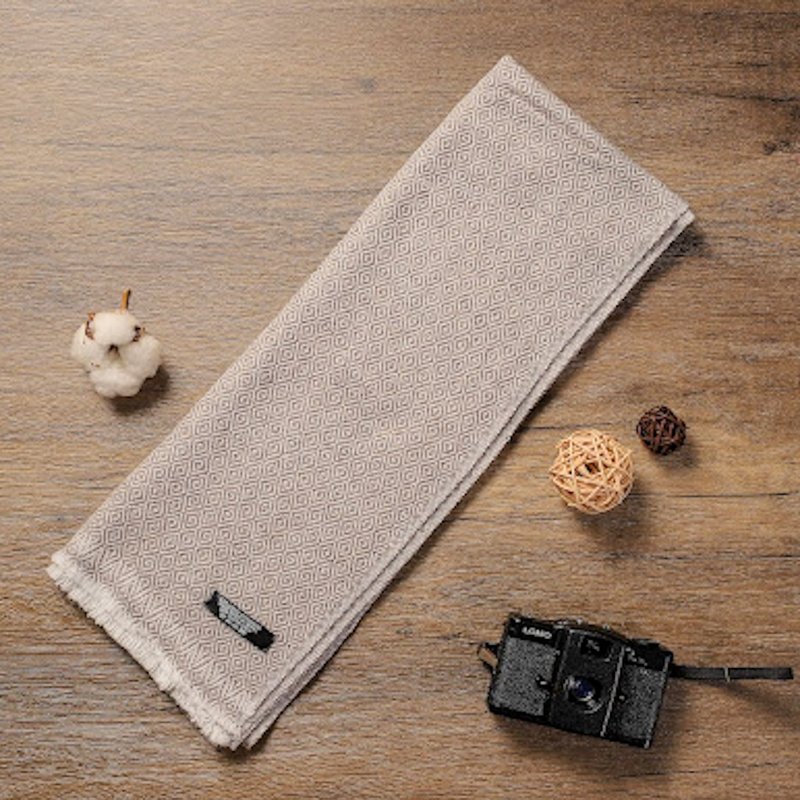 【窄版】喀什米尔羊毛围巾 浅褐钻石格纹 脖围 手工编织 男女可 - 围巾/披肩 - 羊毛 卡其色