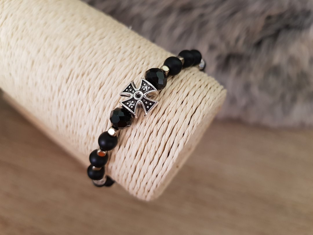 Antique Greek Cross Point Black Matte Natural Stone Bracelet - 手链/手环 - 石头 黑色