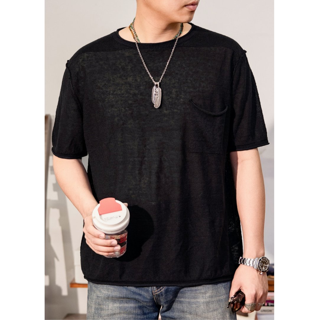 亚麻圆领短袖T-SHIRT 轻薄舒适 棉麻 口袋针织短T 上衣 不分性别 - 男装上衣/T 恤 - 棉 黑色