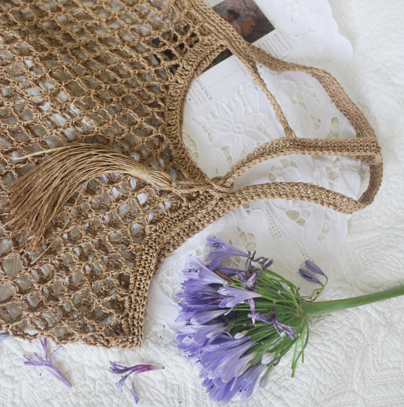 【限量现货】Handmade手工编织/纸草绳编织手提包/购物袋/流苏 - 手提包/手提袋 - 纸 卡其色