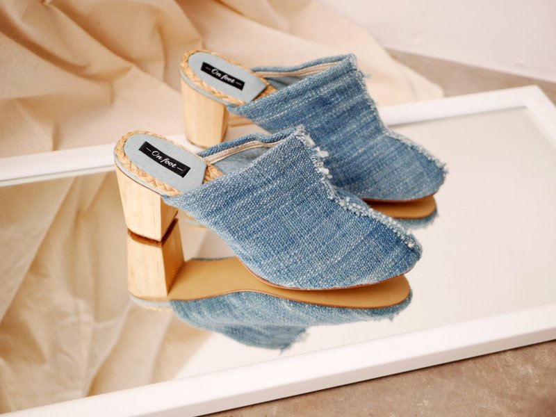 highheels mule casual cotton natural-dye - 女款休闲鞋 - 棉．麻 蓝色